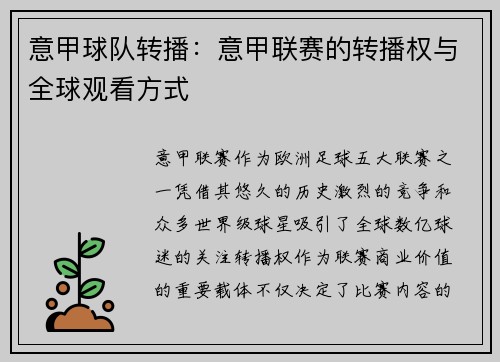 意甲球队转播：意甲联赛的转播权与全球观看方式